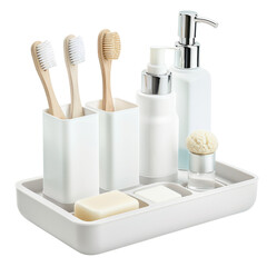 Bathroom accessories in modern minimalist style with soft white and silver tones on ceramic tray for home decor isolated on transparent background