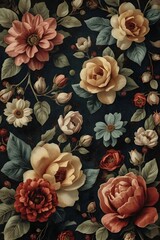 Dark Vintage Floral Pattern with Roses and Daisies