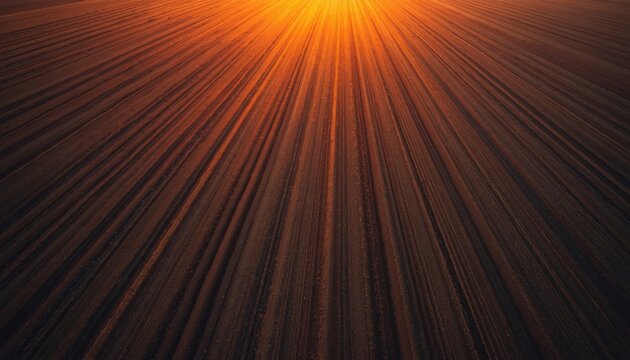 An aerial view showcasing freshly plowed farmland at sunset. The scene captures the intricate pattern of the furrows in the earth, bathed in the warm golden light of the setting sun. The rows of plowe - Powered by Adobe
