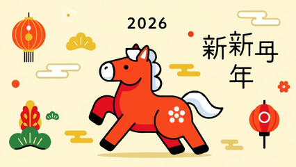 Festive orange horse with white mane and tail, celebrating 2026 Chinese New Year © barbara