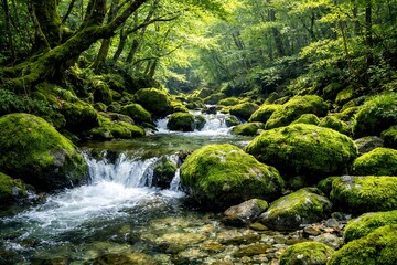 Obraz premium 苔むした岩と清流が流れる深い森の中で感じる静けさと癒やしの自然風景