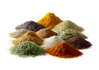 Assortment of colorful ground and dried herbs and spices forming mounds isolated on a transparent background