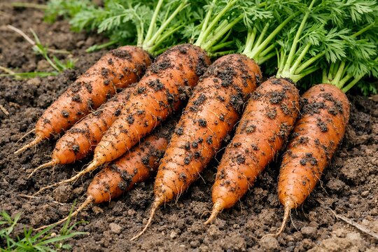 土から掘り出したばかりの新鮮な人参が畑に並ぶ収穫直後の農業風景