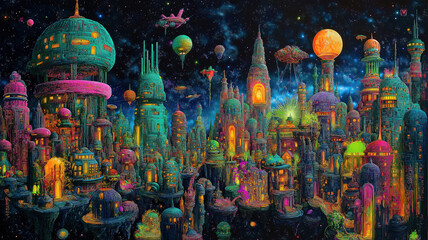 Futuristic cyberpunk city glowing with neon lights and flying cars in a sci-fi nightscape