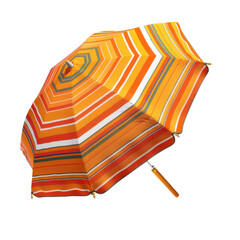 Colorful striped beach umbrella in vibrant orange and yellow hues with wooden handle in bright natural lighting for outdoor recreation isolated on transparent background