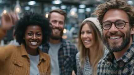 Group of diverse young creative professionals smiling and waving at the camera in a modern coworking office