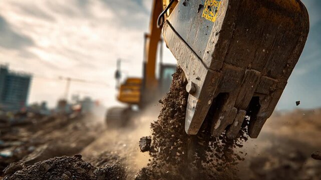 Close up of powerful excavator bucket in action, its massive scoop digging deep into earth and dirt while heavy machinery reshapes construction site for new foundation
