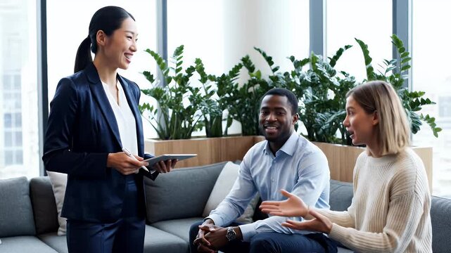 Professional real estate agent presents property details to a young couple during a consultation in a modern living room with large windows and greenery - Powered by Adobe