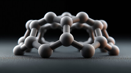 Molecular structure model with connected spheres showing chemical bonds, abstract scientific visualization for chemistry and nanotechnology