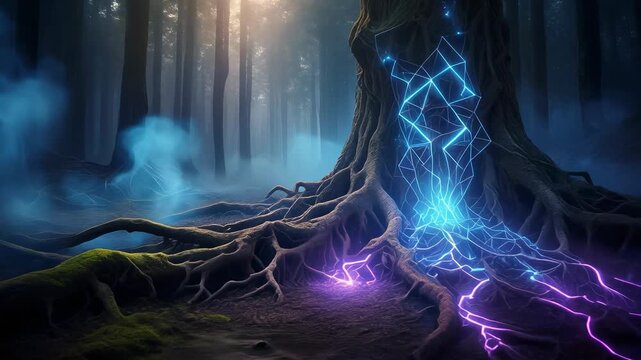 Mysterious glowing energy seeping from ancient tree roots in a dark forest