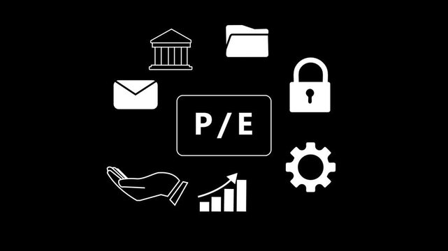 A white set representing financial ratios and business analysis including a lock, folder, bank, envelope, hand, gear, and a bar chart with an upward trend, with the text P/ E in the center on a