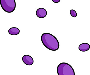 Scattered purple ovals with black outlines float against a white background
