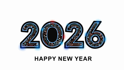 Futuristic 2026 year digits with circuit board design and glowing effects