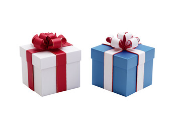 Fototapeta premium Two gift boxes one white with red ribbon and one blue with white ribbon isolated on a transparent background