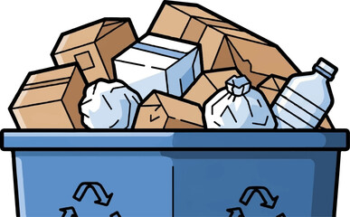 Overflowing blue bin with assorted recyclables, including boxes, plastic bottles, and bags