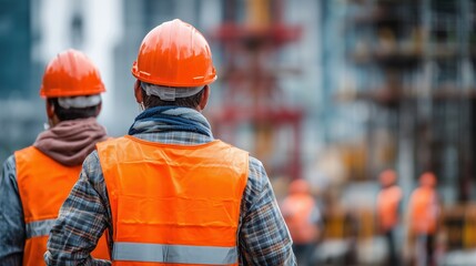 Construction workers in orange vests and hard hats on a busy site
