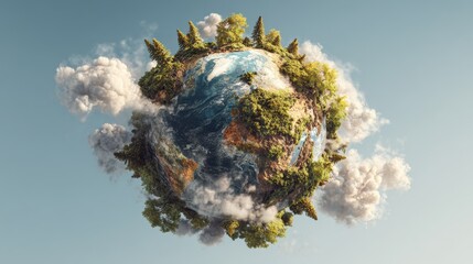 Floating globe showing land, water, trees, and clouds during daytime