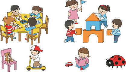 Kids Playing and Learning Activities Illustration Set Showing Children Drawing, Building Blocks, Reading Books, Riding Toys, and Creative Preschool Playtime Scenes