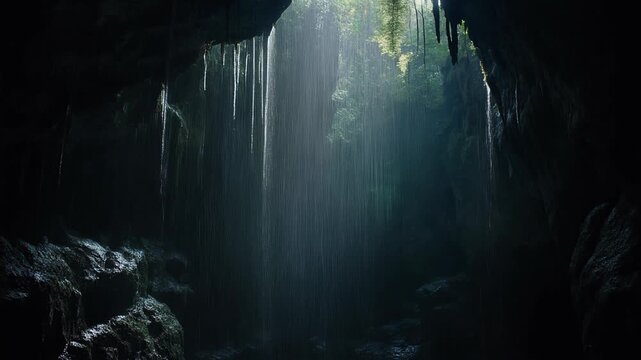 Mysterious cave opening with gentle rainfall and sunlit greenery at the top