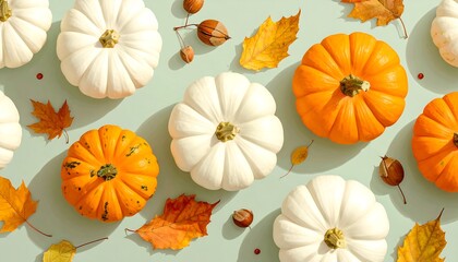 Autumnal Arrangement - White and Orange Pumpkins with Fall Leaves.