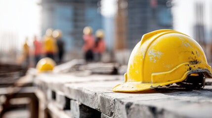 Yellow hard hat rests on a wooden beam at a construction site with workers in the background