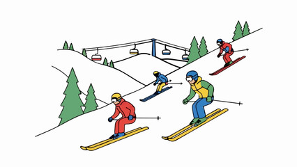 Four skiers descend a snowy slope with evergreen trees and a ski lift © Bina