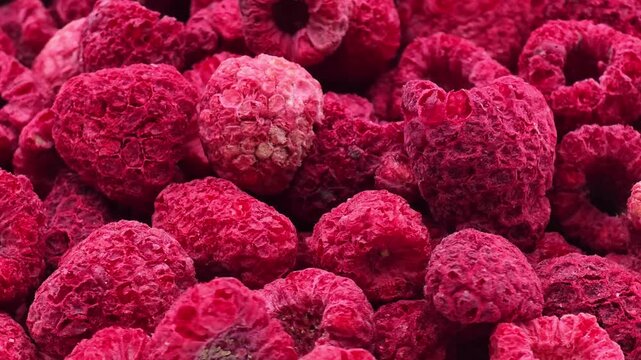 Freeze-dried raspberries close-up, vibrant healthy fruit texture