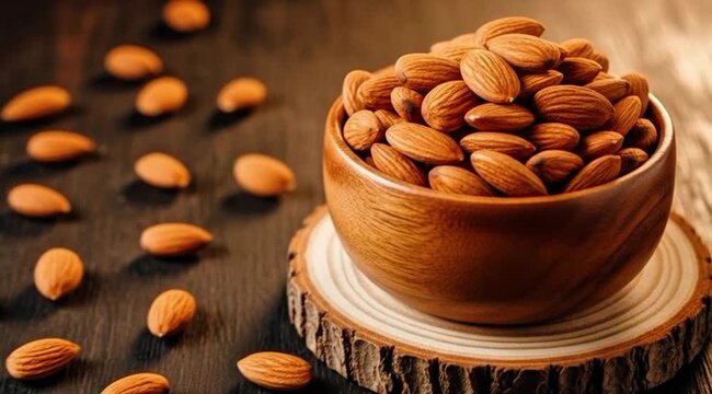 Raw Whole Almonds in a Rustic Wooden Bowl on a Dark Timber Surface