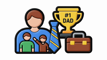 Iconographic representation of fatherhood, including a trophy, briefcase, and family figures