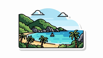 Obraz premium Idyllic coastal scene with rolling green hills, sandy beach, palm trees, and a sailboat on turquoise water under a blue sky with clouds