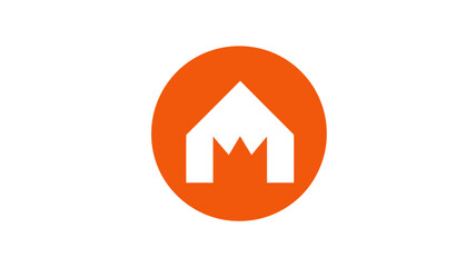 Minimalist home icon with abstract geometric house shape inside a vibrant orange circle on a white background, modern creative design.