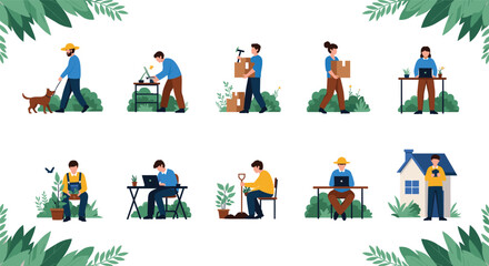 People Gardening and Working from Home Illustration Set Showing Plant Care, Potting, Yard Work, Delivery, and Outdoor Lifestyle Activities