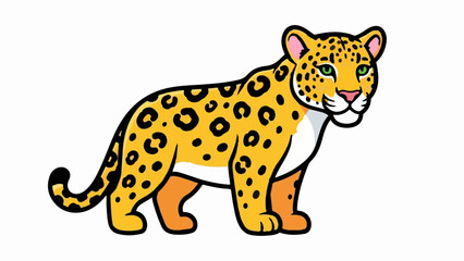 Illustration of a bright yellow leopard or jaguar with black spots and green eyes, standing on white © Ciara