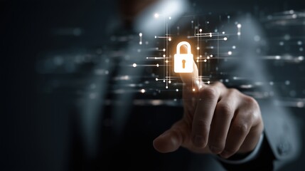 Digital security concept: a finger touches a glowing padlock icon on a futuristic interface