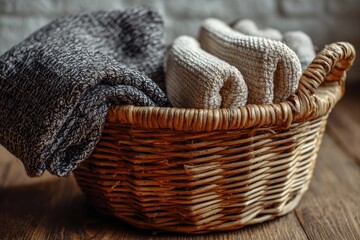 Obraz premium Warm towels and blankets in a wicker basket on a wooden surface