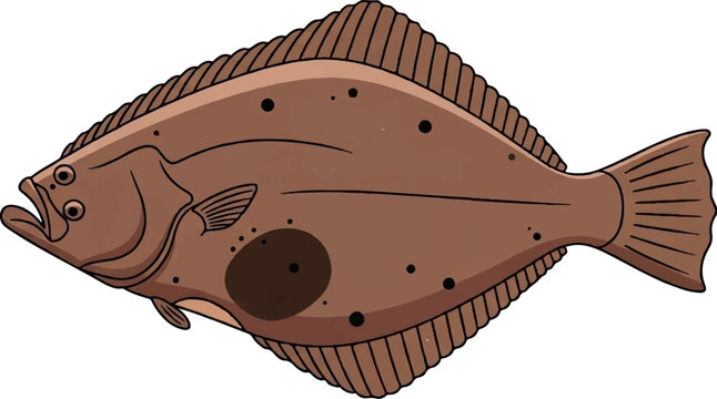Illustration of a brown flatfish, possibly a flounder, with dark spots on a white background