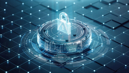 A technological realm of digital security unfolds, the central focus on an illuminated padlock encased in a mesmerizing network. This scene showcases the intricate layers of protection. 