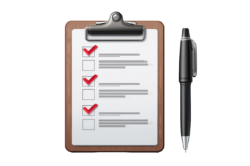 Checklist with checked boxes and a pen placed on a clipboard on a white background