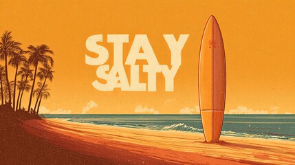 Vintage Surfing Beach Scene with Palms and Surfboard Art Print