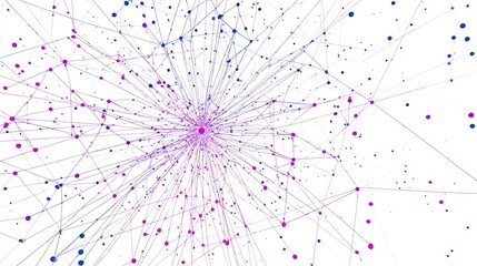 Data network visualization with connected nodes and lines representing artificial intelligence big data analytics and modern digital technology with Purple and Blue Nodes on White Background