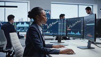Focused businesswoman analyzes financial data and stock market trends on multiple computer monitors in a modern trading floor office environment - Powered by Adobe