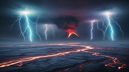 Dramatic volcanic eruption with lightning, flowing lava, and a dark, stormy atmosphere.