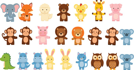 Cute Cartoon Animal Illustration Set Featuring Forest and Farm Animals Including Bear, Lion, Elephant, Monkey, Rabbit, Owl, and Pig Characters