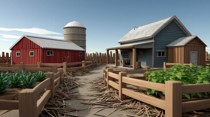 Farmyard scene with barn and silo 2d background in sunny environment