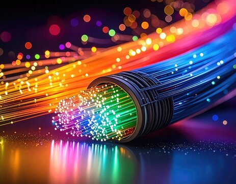 Close-up view of a bundle of optical fibers emitting colorful light streams