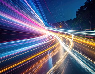 Long exposure captures streaks of light from vehicles on a curving road at night