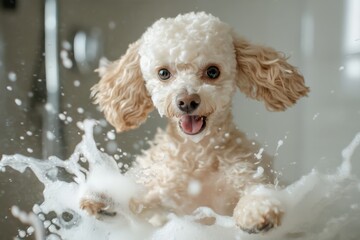 Beige white poodle in the shower foam