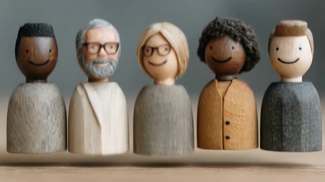Row of five smiling wooden handcrafted dolls representing diverse group: elderly man with beard and glasses, blonde woman, Black woman with afro, Black man, young white man in neutral gray tones