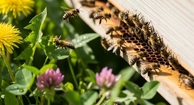 Bees buzzing around honeycomb and flowers in nature.