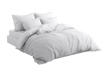 White bedding on a bed with multiple pillows and a comforter in a simple setting for a clear bedroom look